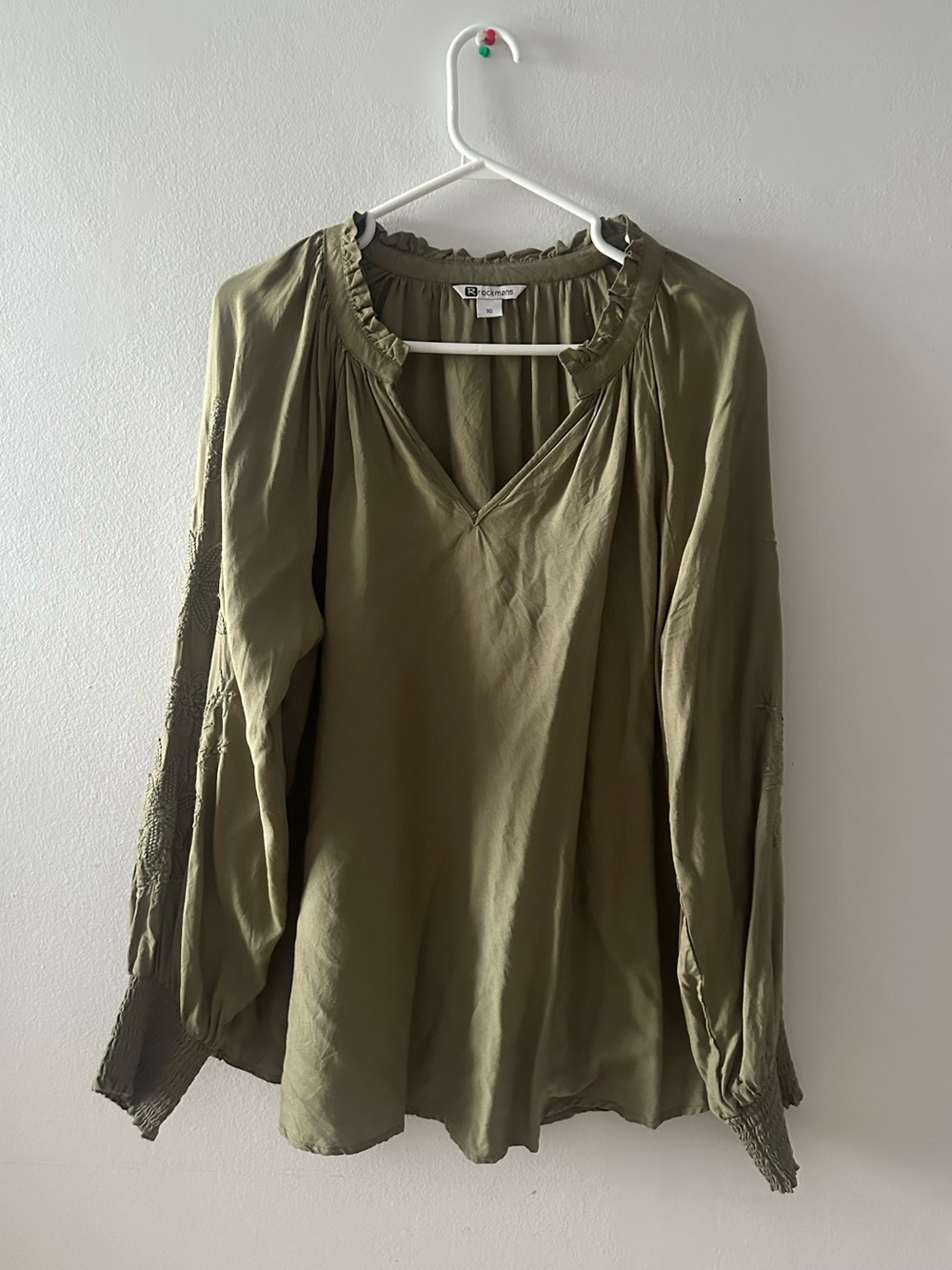 Rockmans Olive Green Boho Embroidered Long Sleeve Top